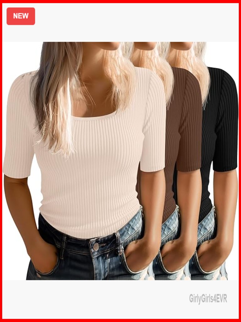 3 Pack Women's Half Sleeve Ribbed Scoop Neck Slim Fit Tops Blouses